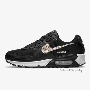 Nike Air Max 90 Womens Sneakers Shoes Customized with Crystals Black